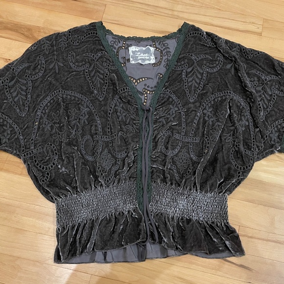 Love Johnny Was Silk Blend Velvet Eyelet Lace Ruched Boho Top M - Picture 10 of 12